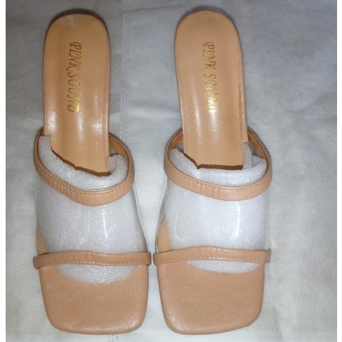 Ladies Transparent Leather With Crystals Heels Slippers Brown