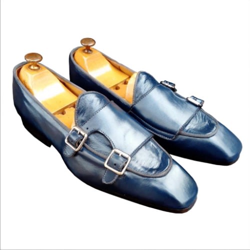 blue double monk strap shoes