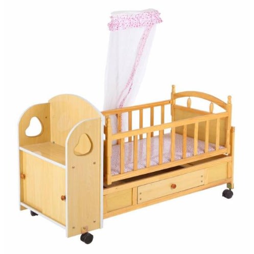wooden cot with mosquito net