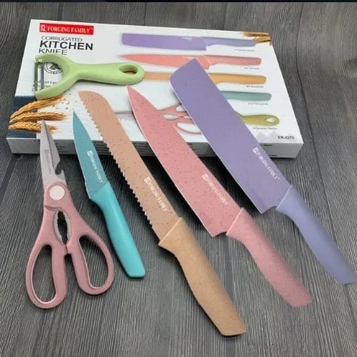 JS744 6pcs Kitchen Colored Knife Set - Knife Set - Non-Stick Cutlery Knife  Set - Corrugated Multicolored