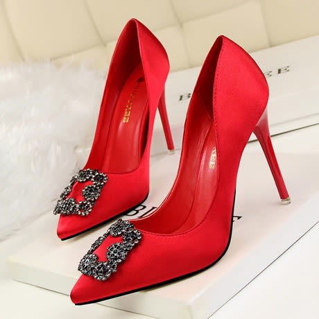 red satin pumps with rhinestones