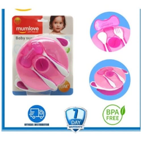Baby Feeding Plate With Cover Spoon And Fork Pink Konga