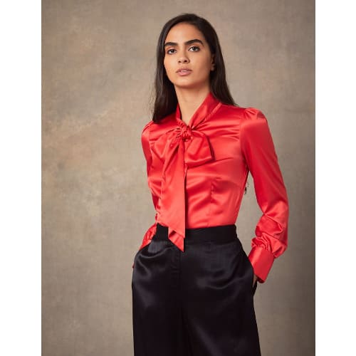 Red Satin Pussybow Blouse
