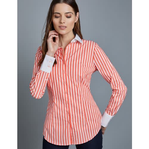 coral and white shirt