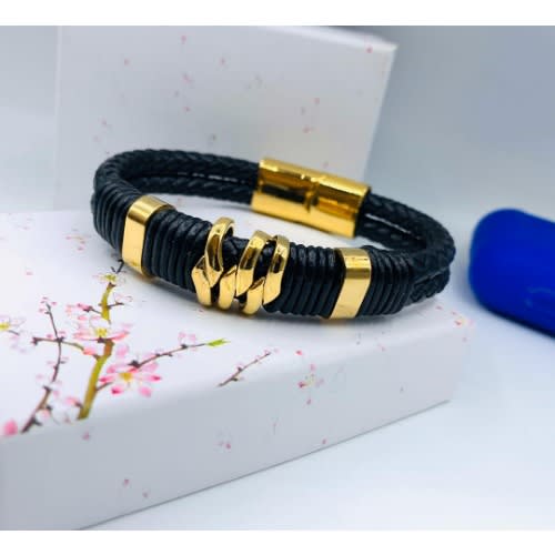 Golden Black Braided Leather Wrist Band with Stainless Steel Magnetic   Soni Fashion