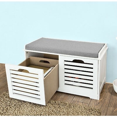 Sobuy Storage Bench 2 Drawers Removable Seat Cushion White