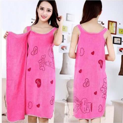 Microfiber Wraparound Wearable Bath Robe Towel With Buttons Pink