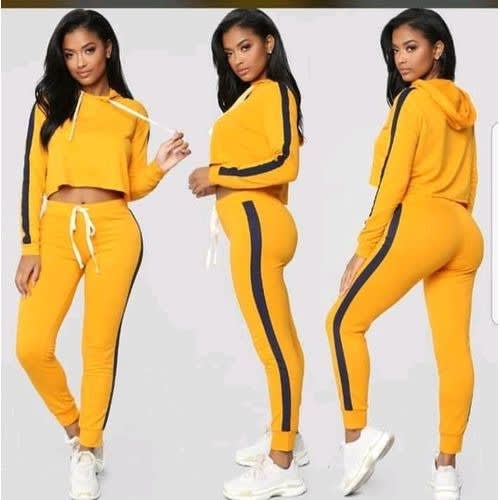Ladies Crop Top Track Cord With Joggers Yellow With Black Strips