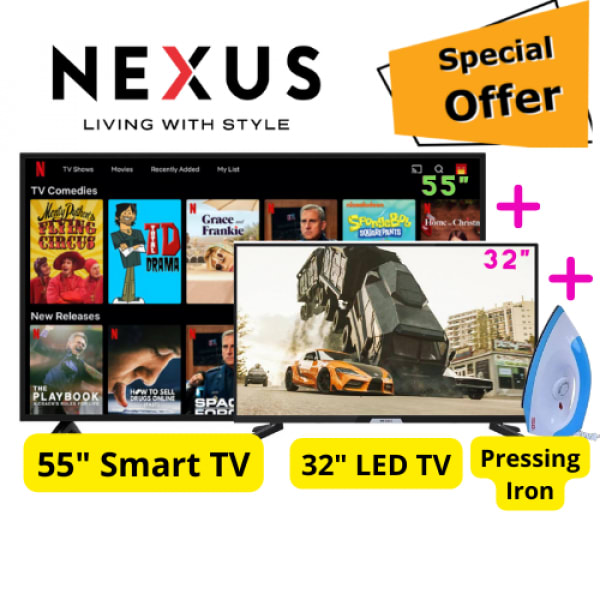 55" Smart TV With 32 Inch Led TV + Free Pressing Iron (Anniversary Offer).