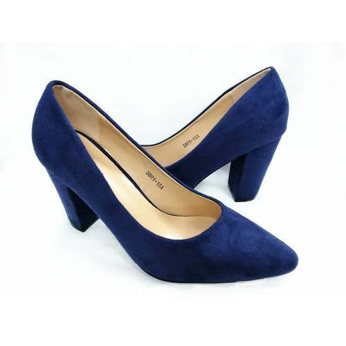 blue block heel court shoes