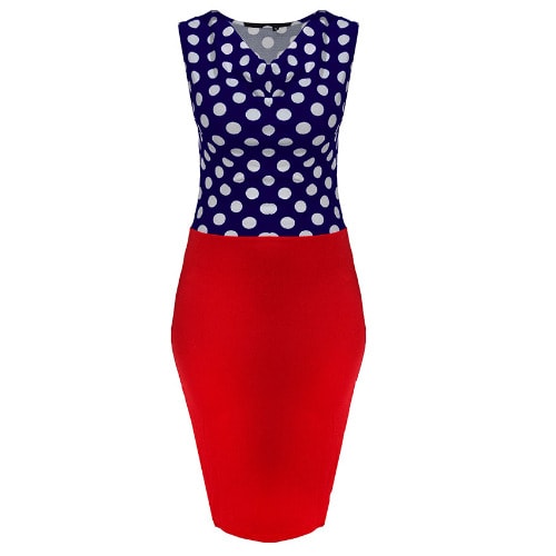 Women s Polka Dot Sleeveless Elegant Office Dress With Belt Blue