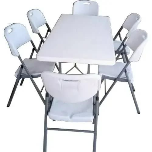 Rectangle Plastic Table With 4 Foldable Metal Legs And 6 Foldable Iron