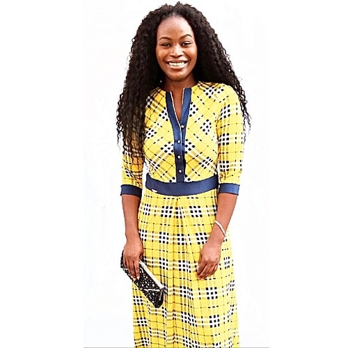 yellow and navy blue dress