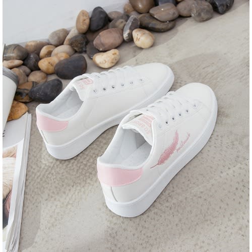 pink and white sneakers