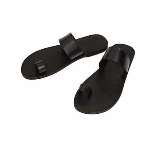 Plain Open Toe Leather Slippers - Black 