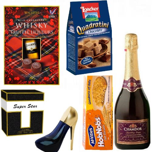 Valentine Gift Bundle Wine + Chocolates + Wafers + Biscuits + Perfume 100ml.